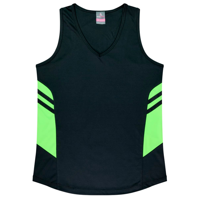 A black singlet with neon green accents on the sides and a logo on the front.