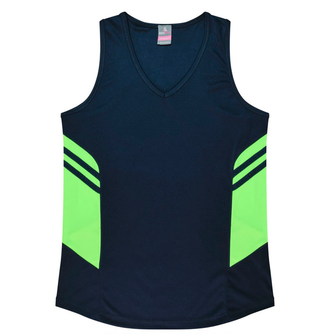 A navy singlet with bright green side panels and a branding logo on the neckline.