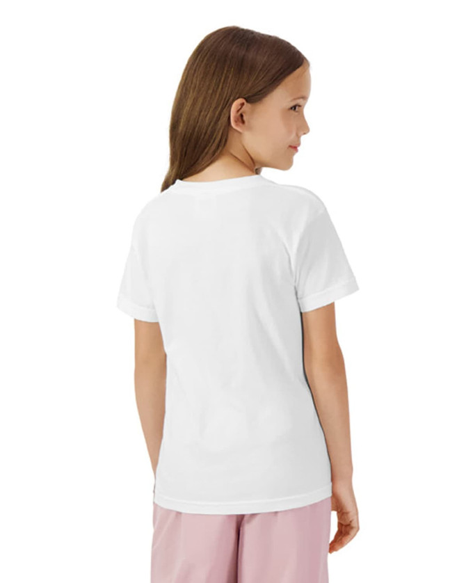 A white youth short sleeve t-shirt viewed from the back. The shirt has a logo on the back.