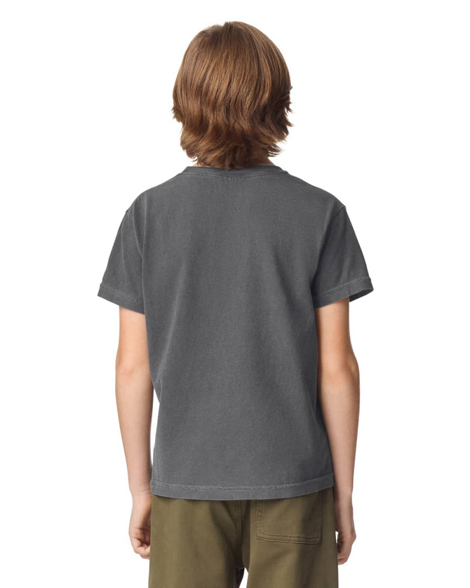 A youth short sleeve t-shirt in a dark grey colour, featuring a logo on the back.