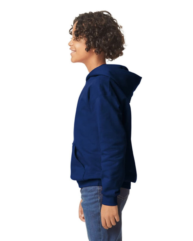 A youth hooded sweatshirt in navy blue, featuring a front pocket and a hood, displayed from the side.