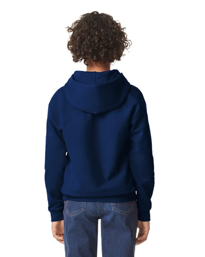 A navy blue youth hooded sweatshirt with a logo, featuring a kangaroo pocket and a drawstring hood.