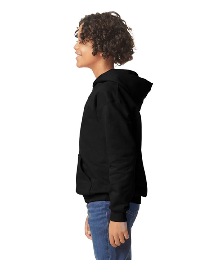 A black Gildan Softstyle youth hooded sweatshirt displayed on a model, showcasing its side view and hood.