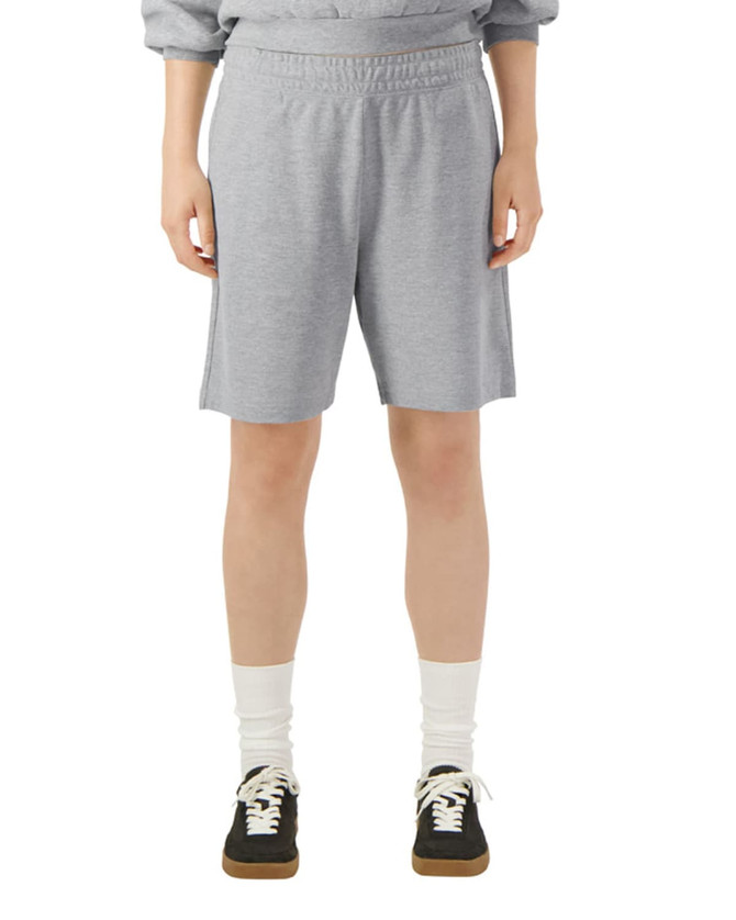Grey unisex gym shorts with an elastic waistband, featuring a logo on the side. Suitable for sports and casual wear.