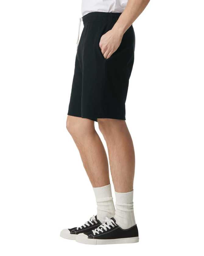 Unisex black pique gym shorts featuring an elastic waistband, drawstring, and side pockets.