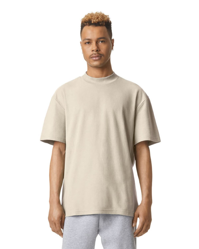 Unisex mockneck T-shirt in a neutral beige colour, featuring a relaxed fit and logo detail.