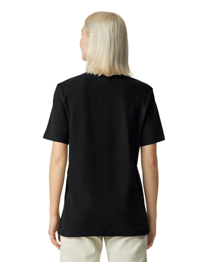 A black unisex pique mockneck t-shirt featuring a simple design and a logo on the back.