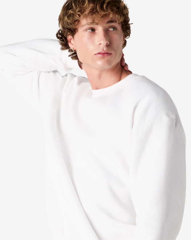 A unisex white crewneck sweatshirt, featuring a relaxed fit and a branding logo.