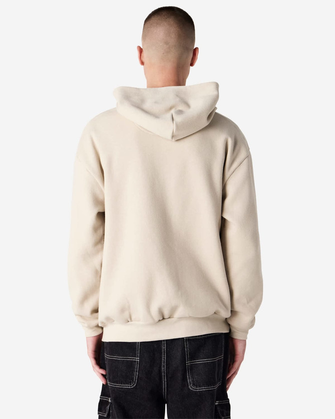 A unisex full zip hooded sweatshirt in a light beige colour, featuring a logo on the back.