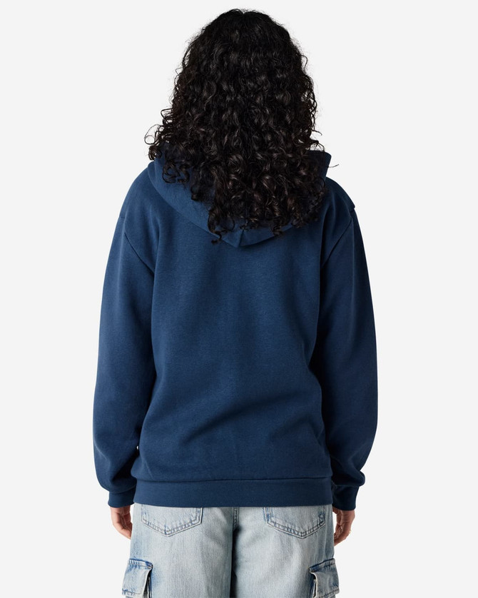 A navy blue unisex full zip hooded sweatshirt, featuring a hood and a logo. The model has curly hair and faces away.