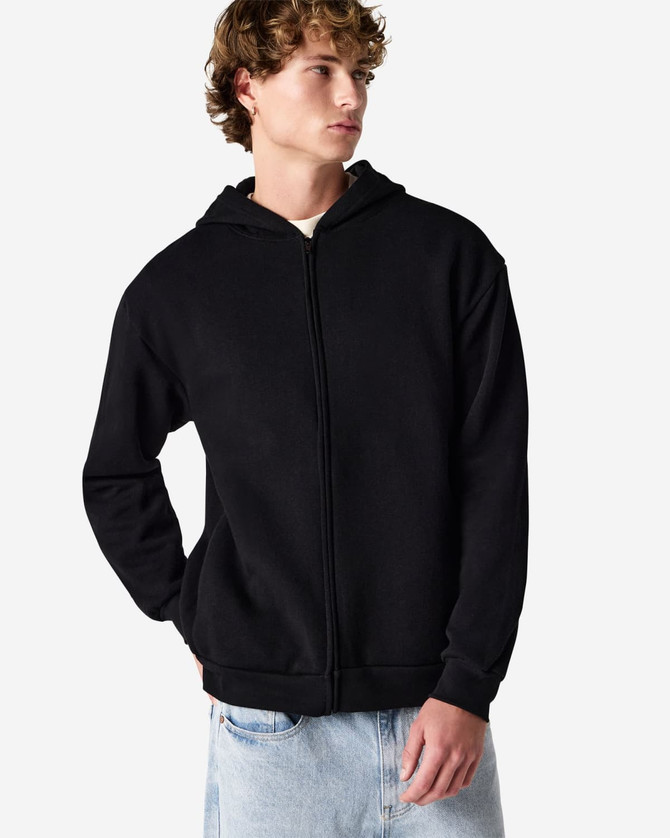 A black unisex full zip hooded sweatshirt features a hood and a front zip, displayed on a model.