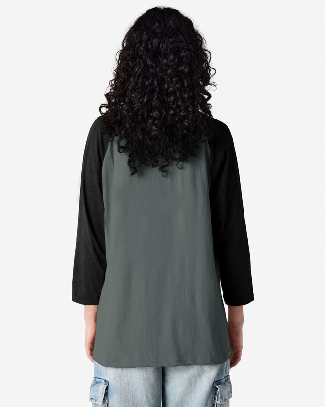 A unisex raglan T-shirt featuring a grey body and black sleeves, with a visible logo on the back.