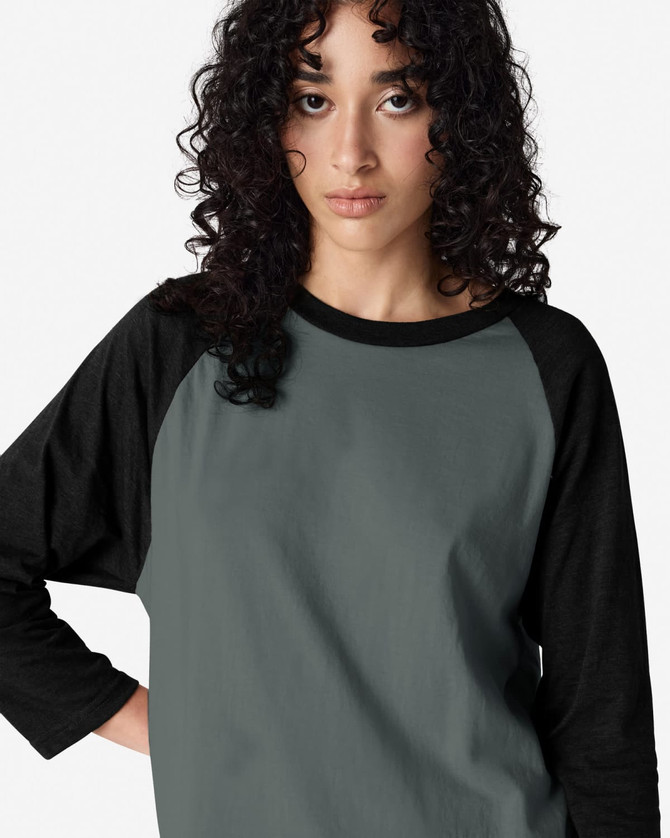 A grey and black unisex raglan t-shirt featuring three-quarter sleeves and a soft fabric texture.