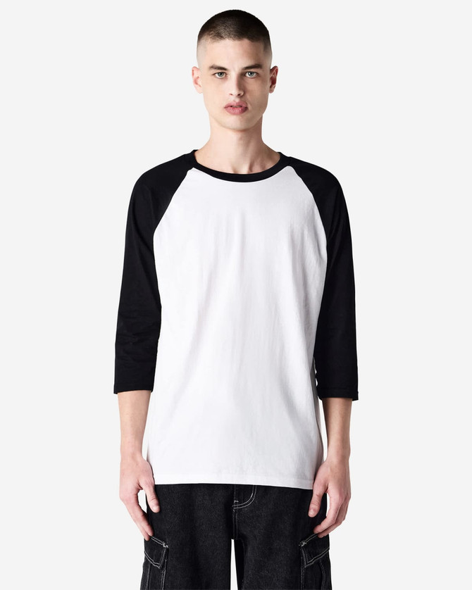 A unisex raglan T-shirt featuring a white body and black sleeves. It has a logo on the front.