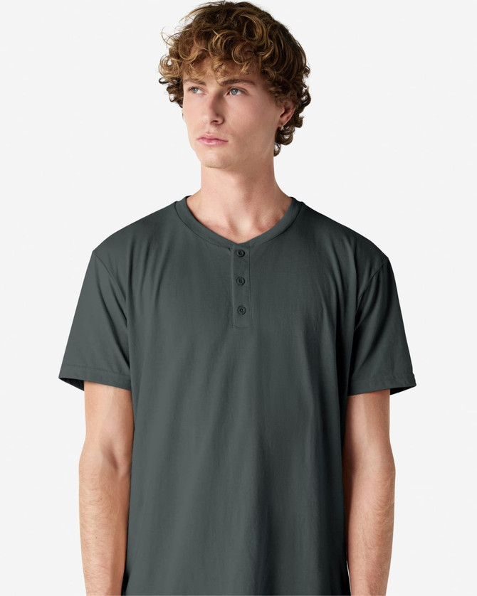 A unisex henley t-shirt in dark grey, featuring short sleeves and a buttoned neckline. Includes a logo.