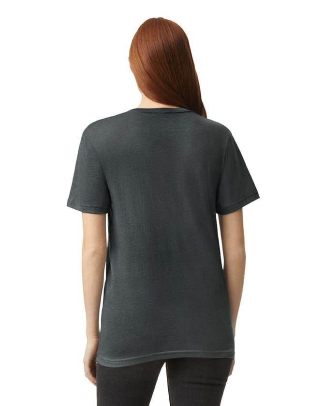 A dark grey unisex V-neck T-shirt featuring a plain back design and short sleeves.