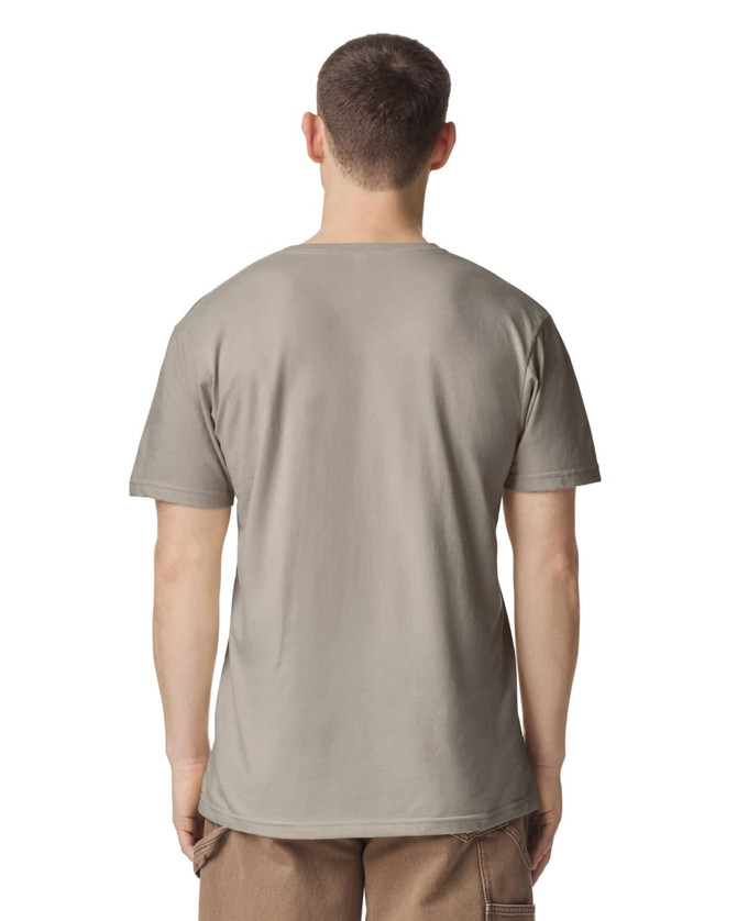 A unisex V-neck T-shirt in a neutral grey colour, featuring a plain back without logos or designs.