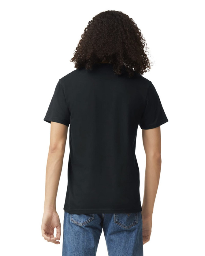 A black unisex V-neck T-shirt from American Apparel, displayed from the back with a person wearing it.