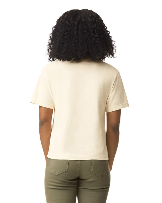 A back view of a cream-coloured women's heavyweight boxy T-shirt, featuring short sleeves and a relaxed fit.