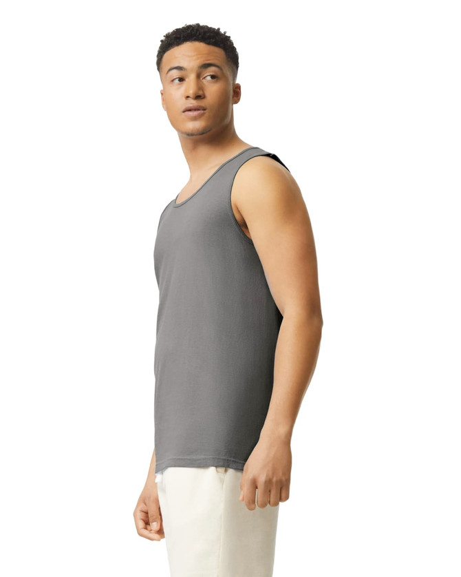 A grey adult tank top displayed on a model, featuring a round neckline and a logo on the fabric.