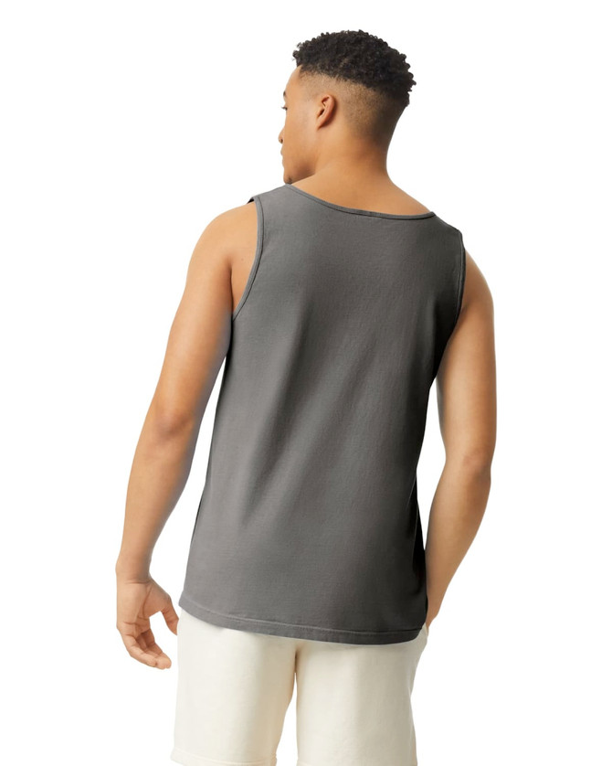 A grey adult tank top with a relaxed fit, featuring a simple design and a logo on the back.