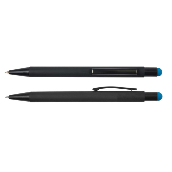 A black pen with a blue stylus tip and clip, featuring a sleek design. The product includes a logo.