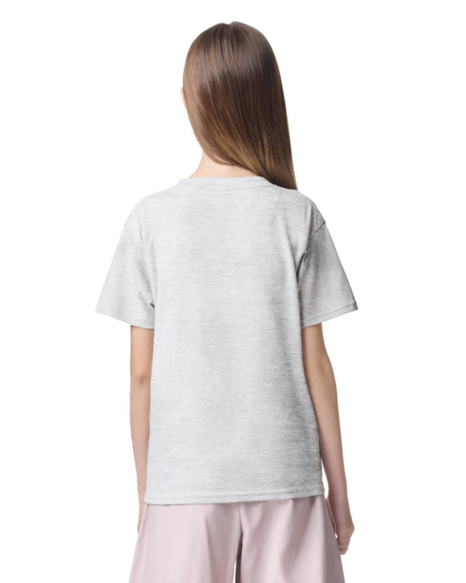 A light grey youth t-shirt displayed from the back, featuring a logo.