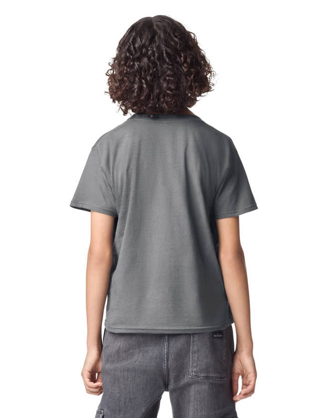 A grey fine jersey youth t-shirt featuring a logo, viewed from the back.