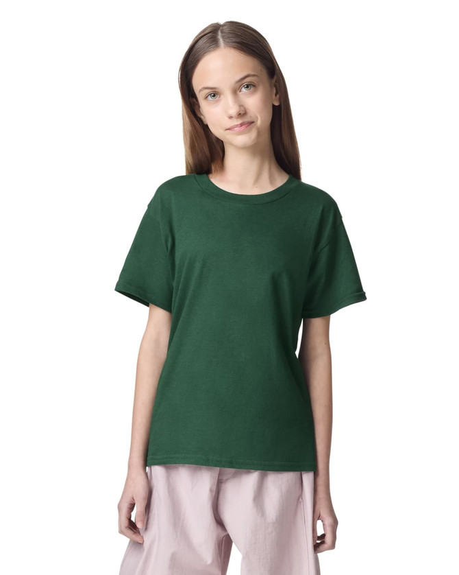 A green youth t-shirt featuring a simple design and short sleeves, with a branded label.