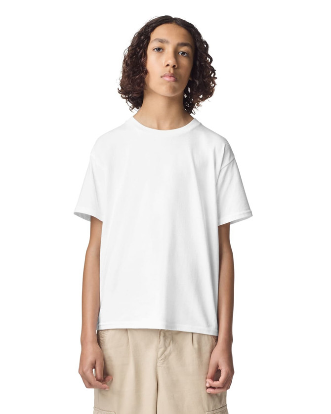 A white youth t-shirt with a standard fit and short sleeves, featuring a brand logo.