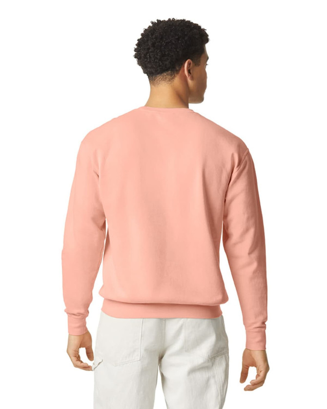 A lightweight crewneck sweatshirt in a soft peach colour, featuring a logo on the back.