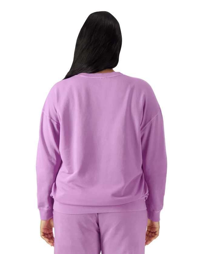 A lightweight crewneck sweatshirt in a soft lavender shade, featuring a relaxed fit and long sleeves.