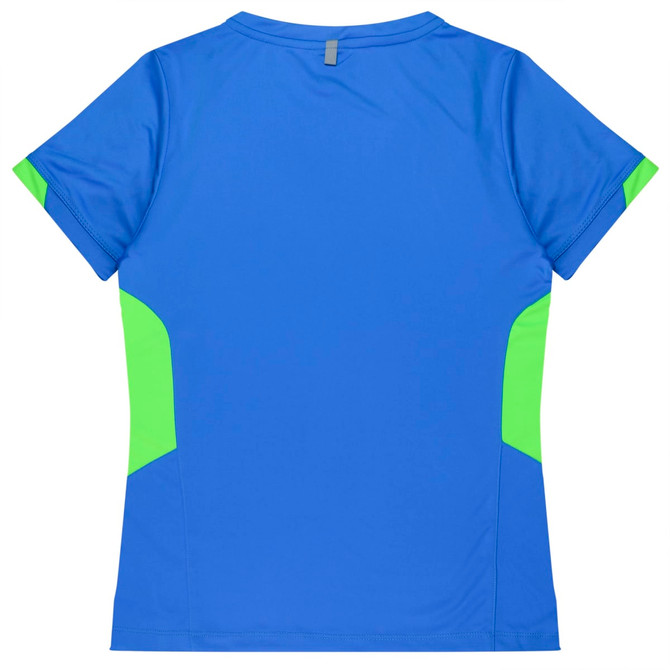 A blue T-shirt with green side panels and a logo on the back. Styled for women's wear.