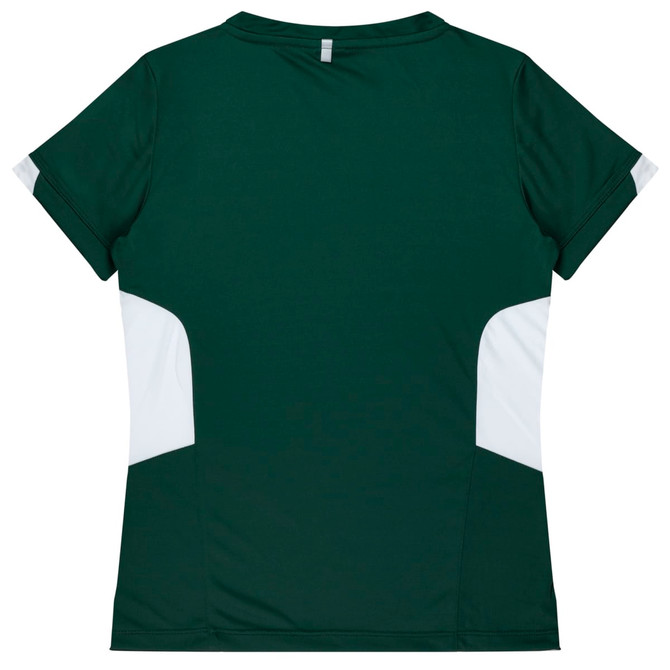 A green women's t-shirt featuring white side panels and a logo on the back.