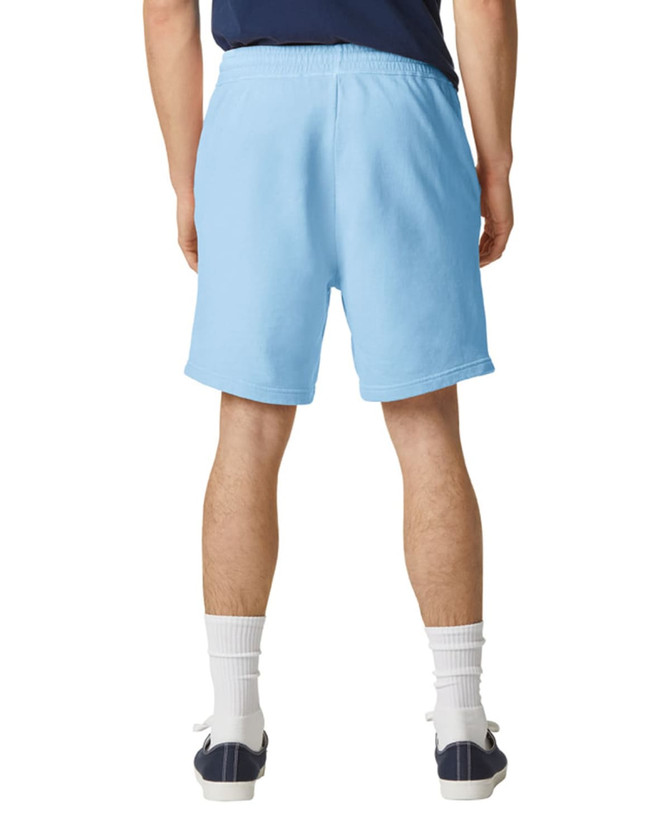Light blue lightweight sweatshorts with an elastic waistband, viewed from the back, featuring a logo.