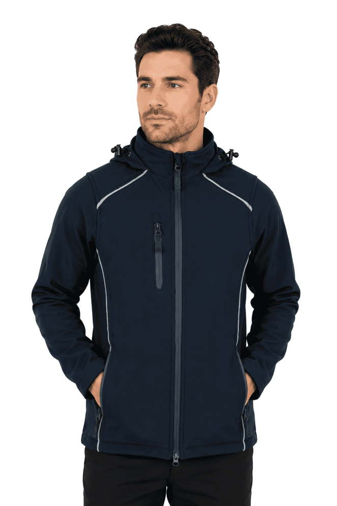 A navy blue soft shell jacket with a zippered front, hood, and side pockets, featuring a logo.