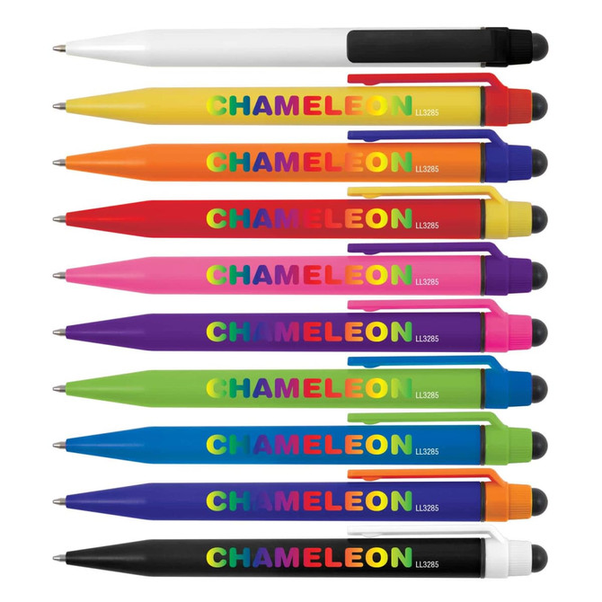A collection of Chameleon Pen / Stylus in various colors, including white, yellow, pink, orange, purple, green, and black.