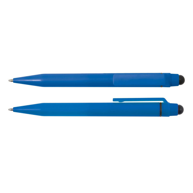 A blue pen and stylus set, featuring a smooth finish and detachable stylus tip, displayed side by side.