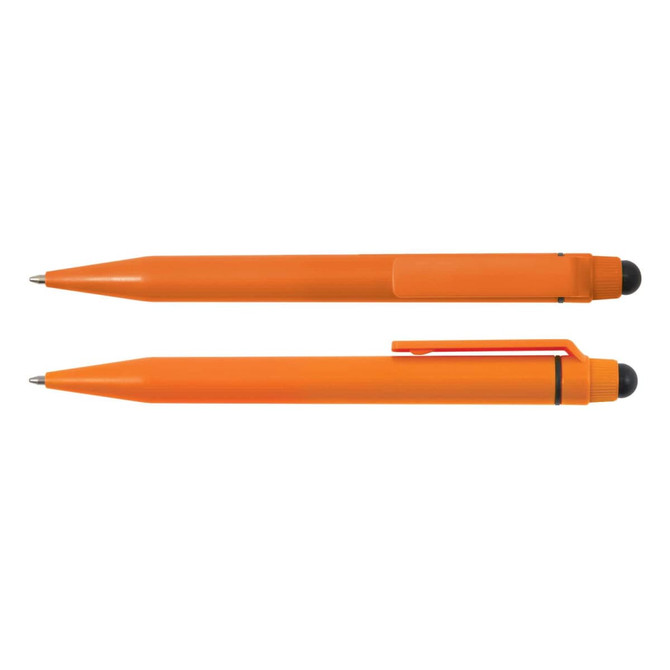 An orange pen and stylus combination with a black tip, featuring a clip design and a sleek finish.