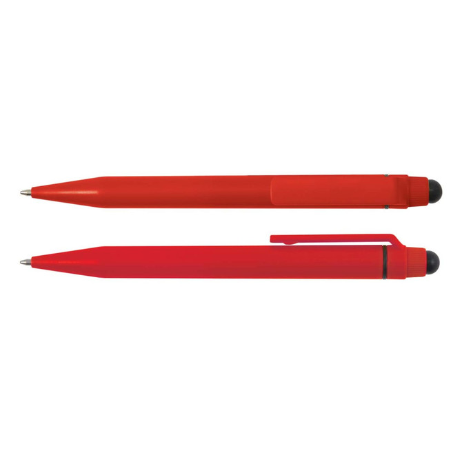 A red pen and stylus combination with a smooth design and a clip, featuring a rounded tip for touch screens.