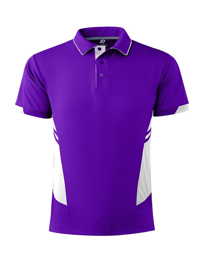 A purple polo shirt with white side panels and a collar. It features a logo on the chest.