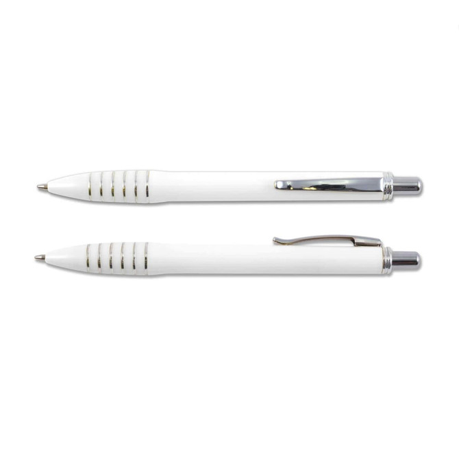 A set of Titan Pens in white plastic with a sleek design and metallic accents.