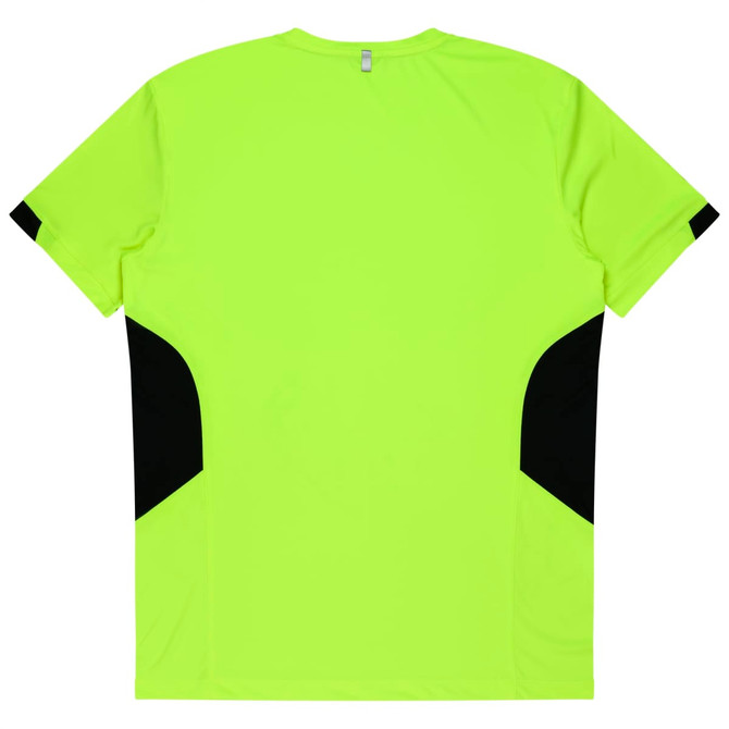 A vibrant yellow T-shirt featuring black panel accents on the sides and a logo on the back.