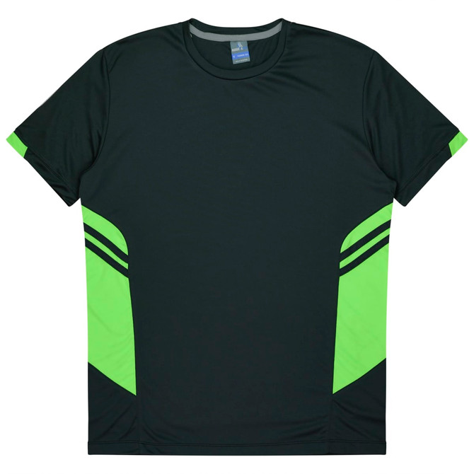 A dark green t-shirt with bright green accents and black stripes on the sides. It has a branded logo.