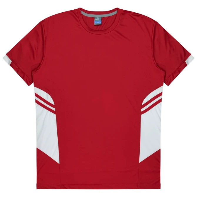 A red T-shirt featuring white and grey design elements and a branding logo.