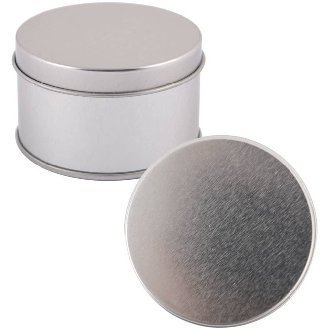 A silver round tin with a fitted lid, showcasing a smooth metallic finish.