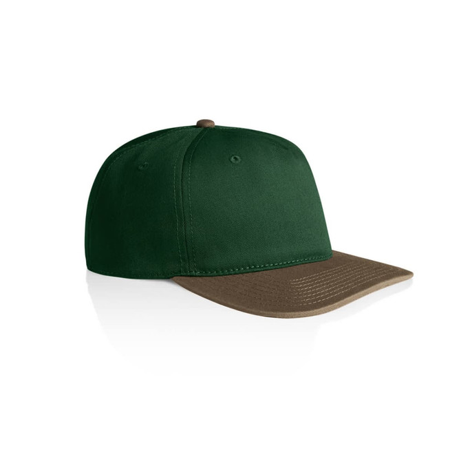 A two-tone cap featuring a green upper and brown peak, with a structured design and a logo on the front.