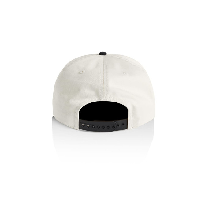A two-tone cap in white and black featuring a strapback closure and a logo on the back.