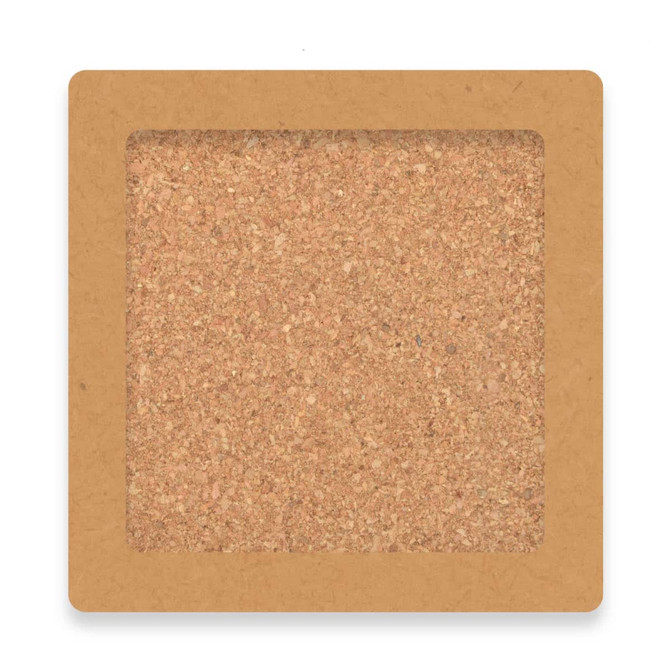 A cork square coaster set featuring a natural cork texture and a brown border, includes four coasters in total.
