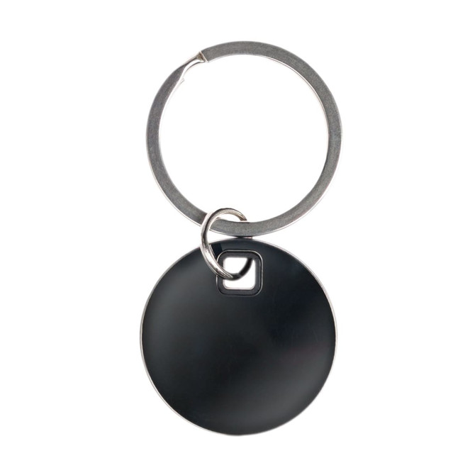 A Circle Stainless Steel Keytag with a sleek black circular design attached to a metal keyring.
